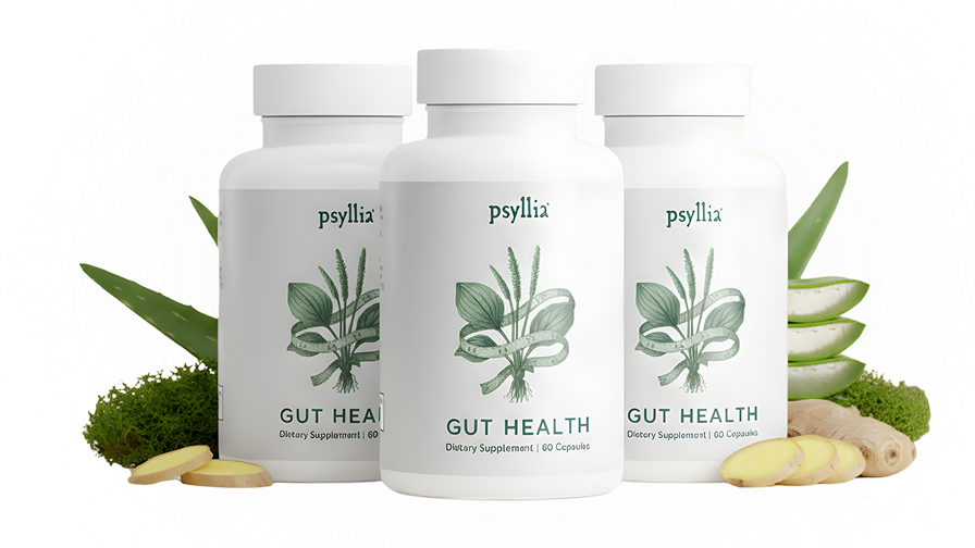 Three bottles of Psyllia Gut Health surrounded by aloe, ginger, and botanicals