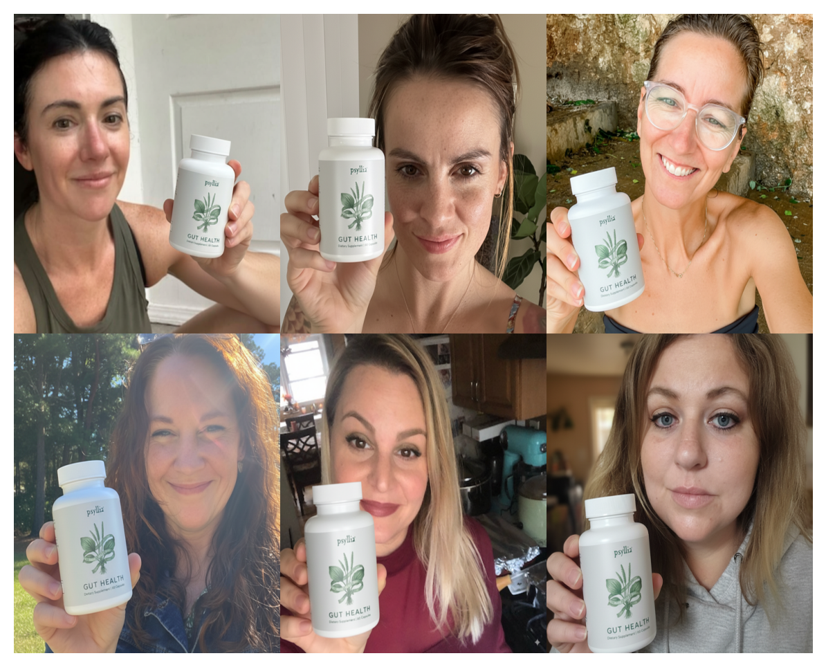 Six Psyllia customers smiling and holding their bottles of Psyllia Gut Health