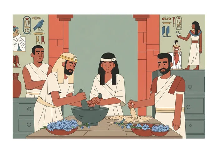 Egyptian physicians · Roman apothecaries using Chicory Root